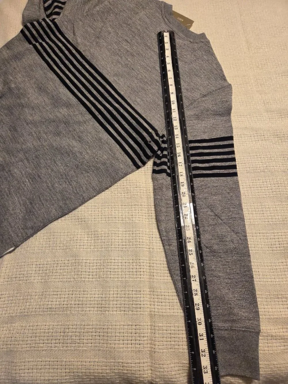 J. Crew Men's 100% Cotton Sweater L Gray Black Stripe Crew Neck Elbow Patch